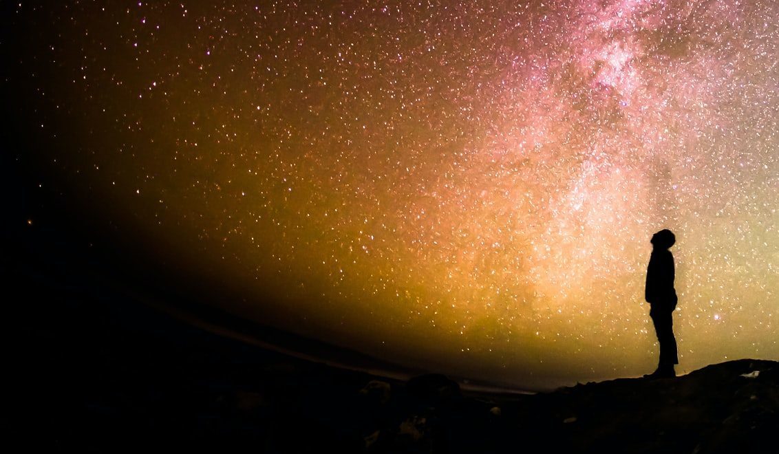 Silhouette of person looking at whole sky starfield