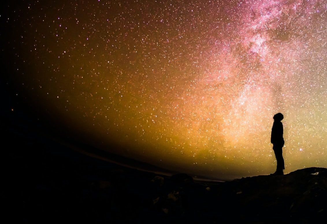 Silhouette of person looking at whole sky starfield